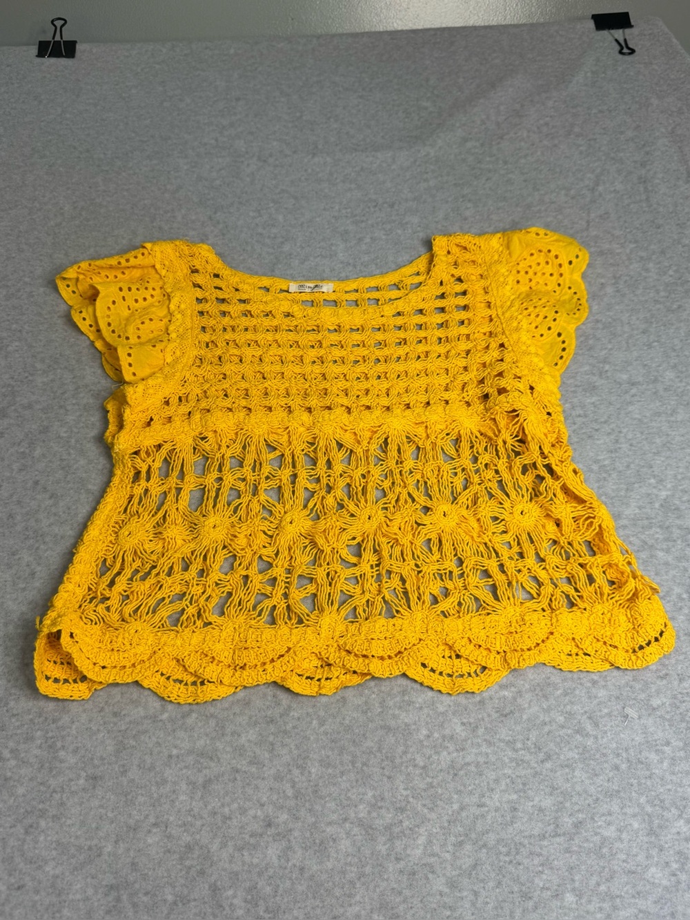 Miss Me Boho Retro Crochet Flutter Sleeve Bright Yellow Festival Top Large